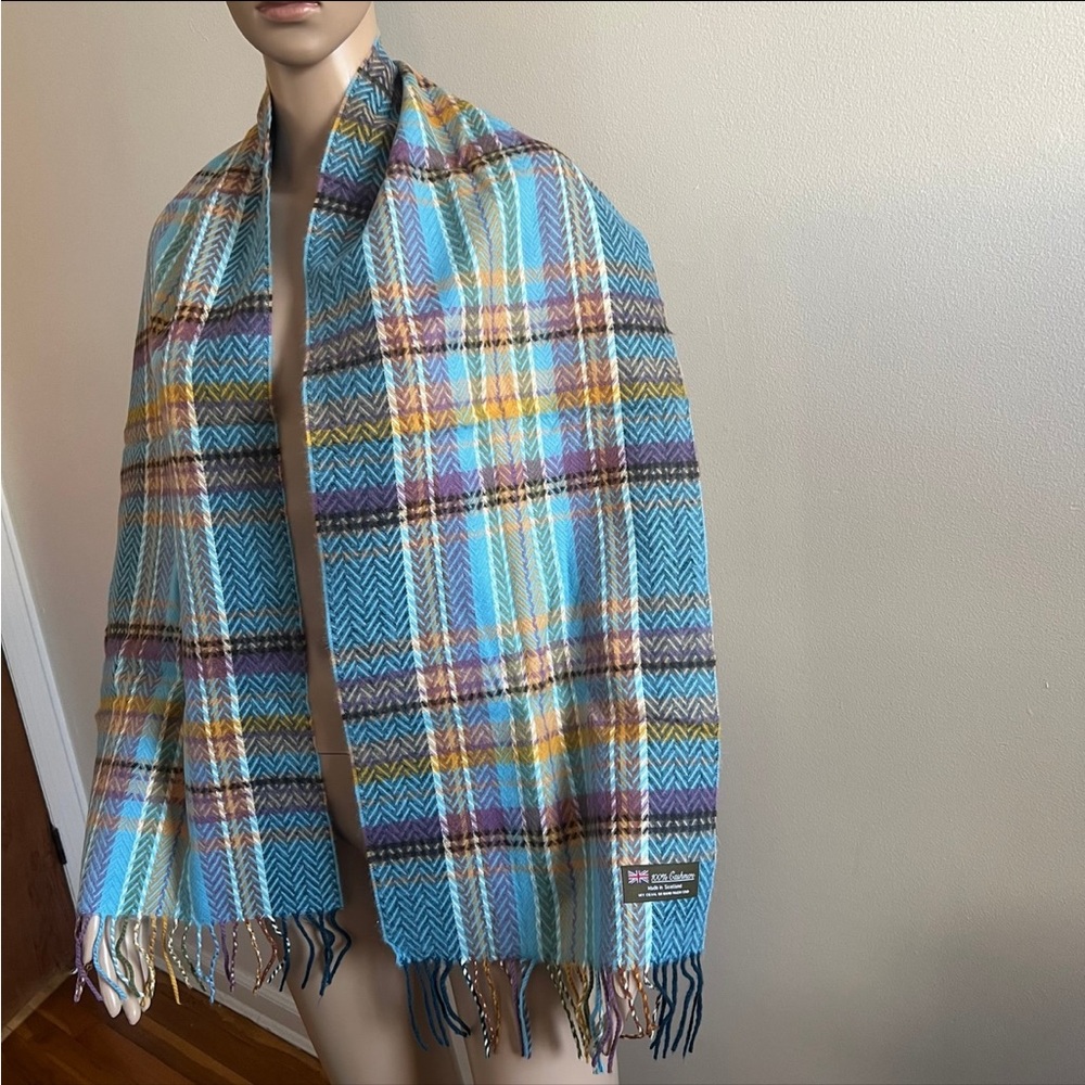 100% Cashmere Scarf Blue Multicolored Winter Made in Scotland - Picture 4 of 8